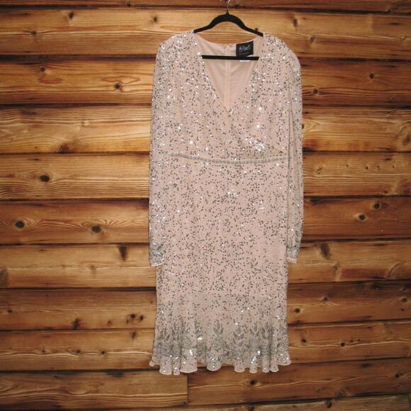 NWOT Mac Duggal Sequin Embellished Nude Silver Faux Wrap Dress FLAW - Picture 3 of 12